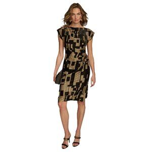 NWT Donna Karan Womens Printed Velvet Extended Shoulder Burnout Dress Black 6